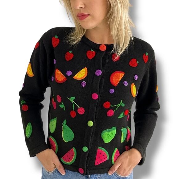 Vintage Black Fruit Knit Cardigan Sweater Colorful Crewneck Watermelon Cherry - Picture 1 of 11